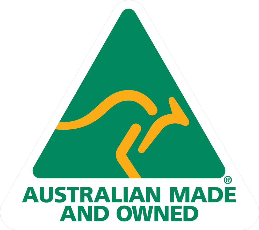 A green triangle logo with a yellow kangaroo silhouette and the text "Australian Made and Owned" underneath.