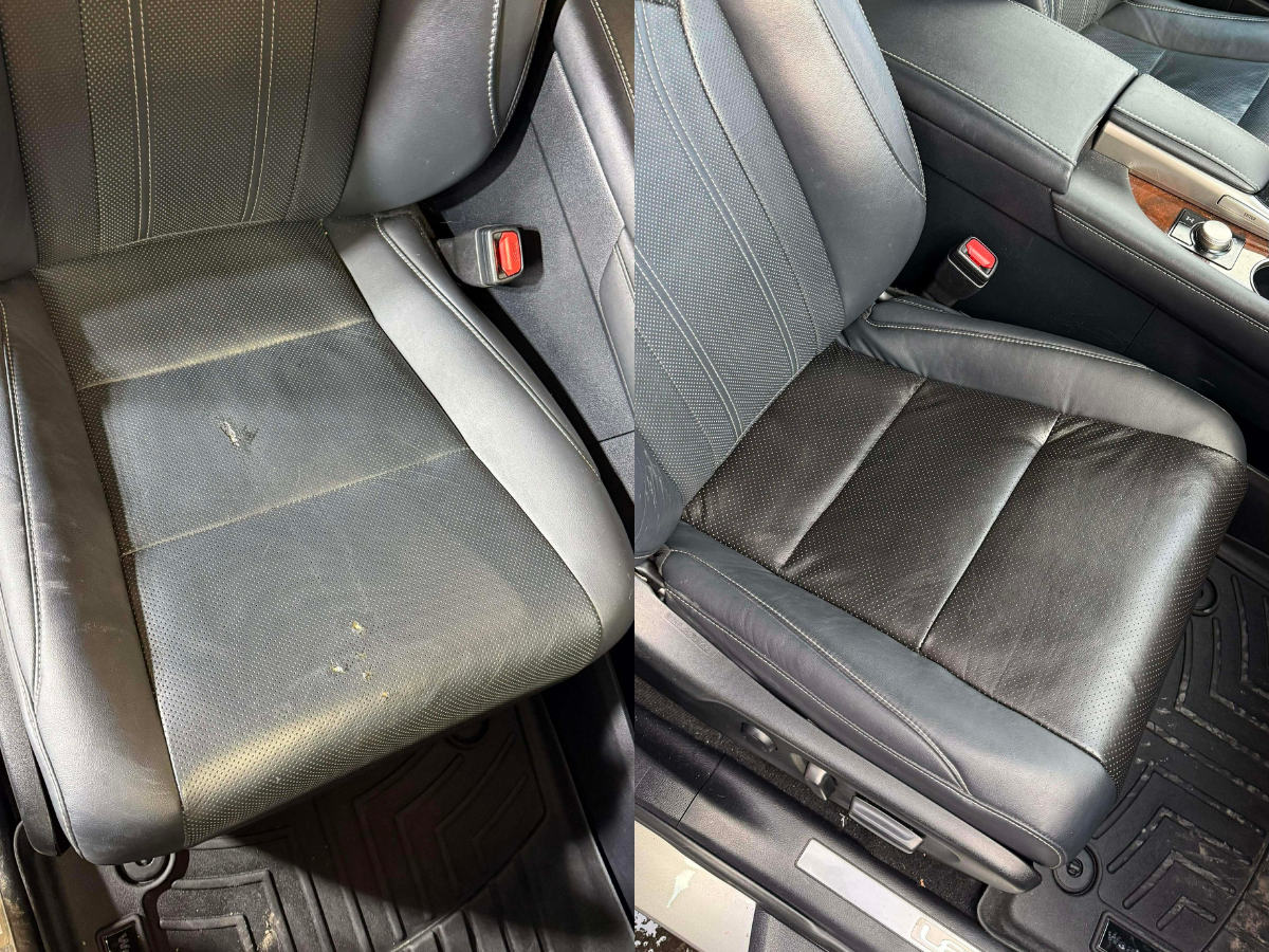 Comparison of car seats before and after cleaning or refurbishing. The left side shows a dirty, stained black car seat with worn areas, while the right side shows a clean, restored black leather car seat.