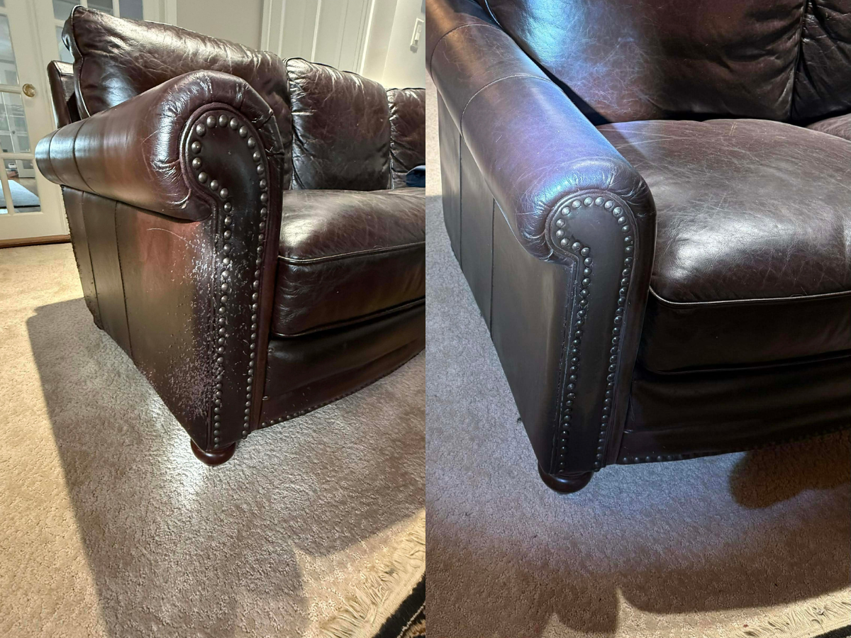 Side-by-side comparison of a brown leather sofa before and after cleaning showing removal of stains and dirt.