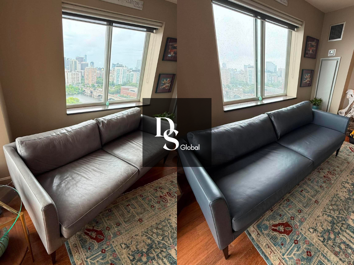 Before and after images of a living room couch. The left shows a worn, gray leather couch. The right shows the same couch refurbished with a darker, smoother finish, next to a window with a cityscape view.