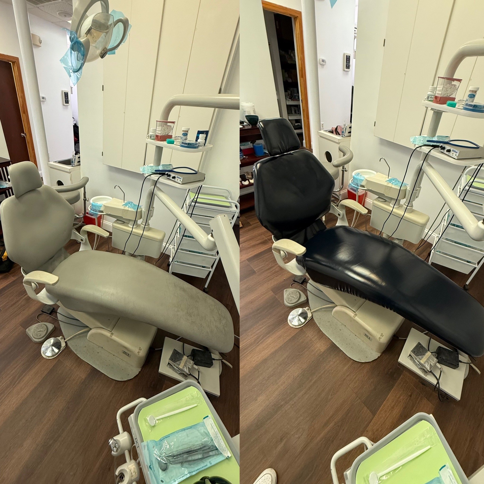 Two dental chairs scene, each with a surrounding tray and dental tools, in a dental office, with various dental supplies on shelves and a wooden floor.