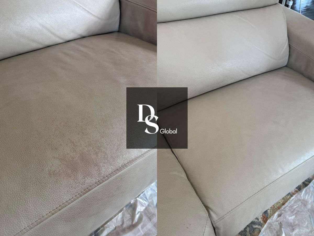 Comparison of a beige leather sofa before and after cleaning, showing the removal of stains and dirt.