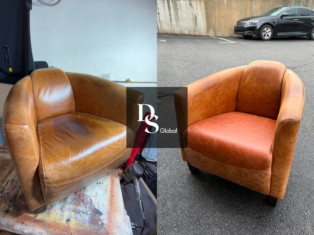 Before and after images of a leather armchair, with the left showing the chair in a repair or restoration process and the right showing the chair cleaned and restored outdoors.