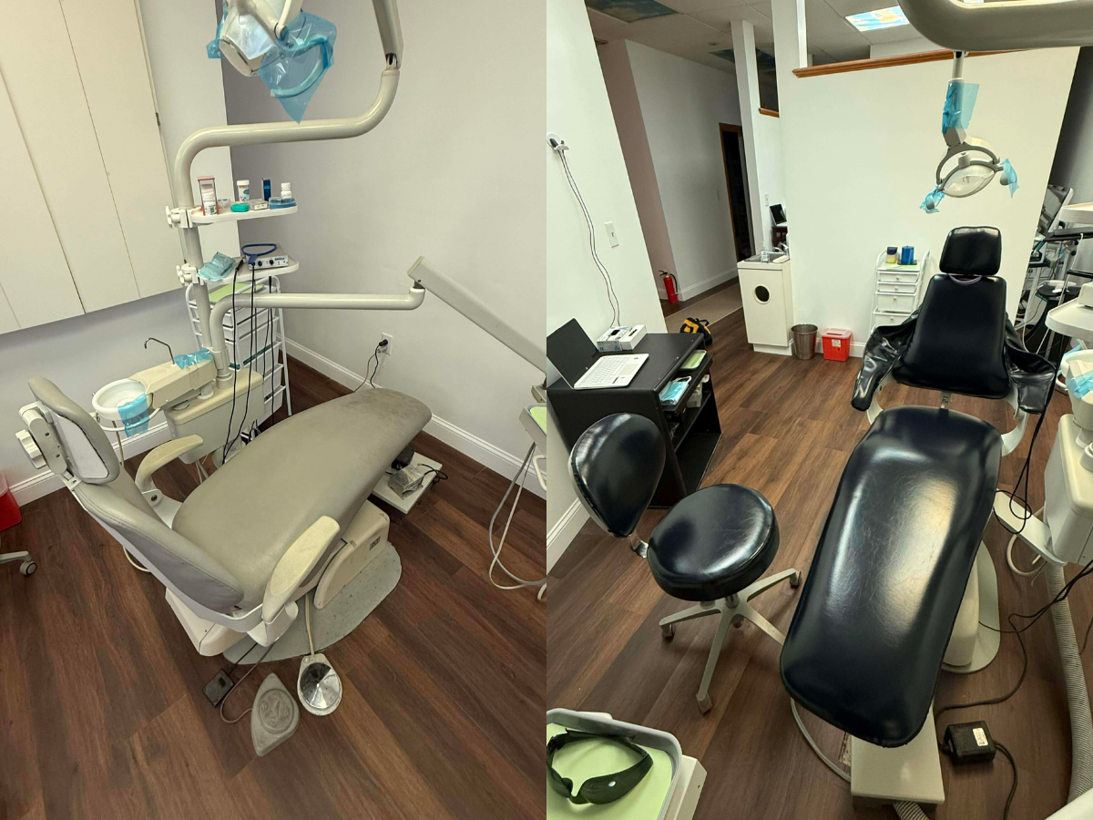 Two side-by-side dental examination rooms with chairs, dental equipment, and office supplies on wooden floors.