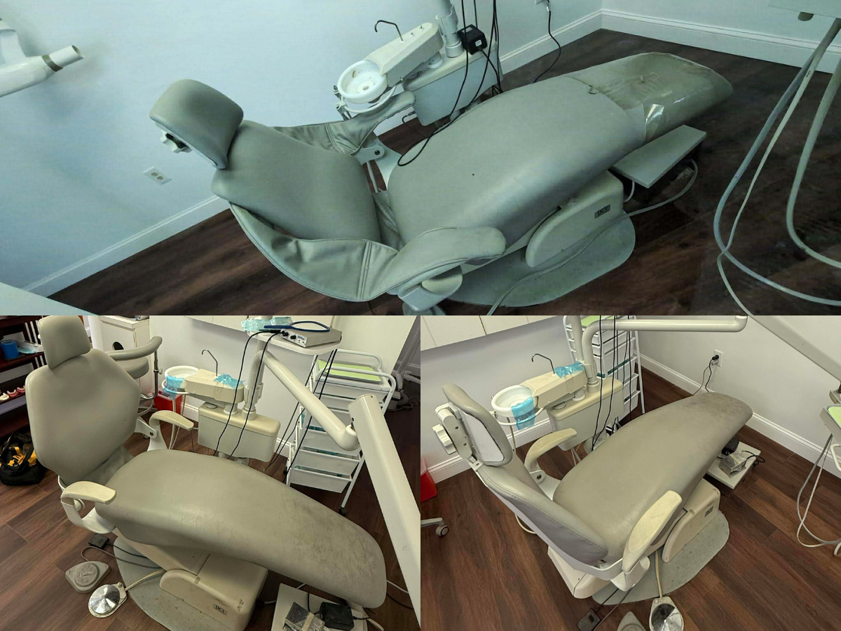 Three different dental examination chairs in a dental clinic, each with dental equipment and supplies nearby.