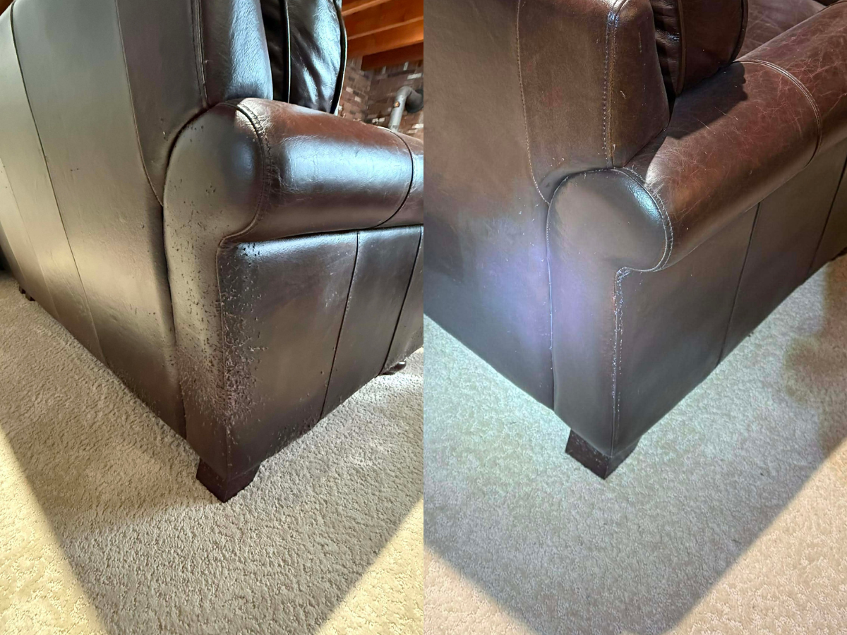 Comparison of a brown leather couch's armrest before and after cleaning, showing dirt and stains on the left and a clean surface on the right.