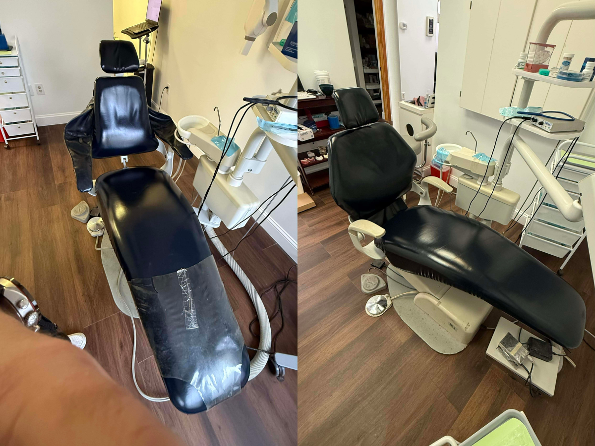 Empty dental exam chair in a dental clinic room with dental tools and supplies nearby.