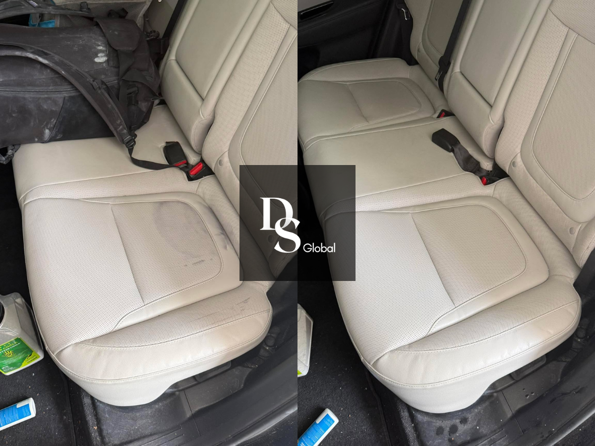 Side-by-side comparison of beige leather car seats, showing before and after cleaning, with visible stains removed.