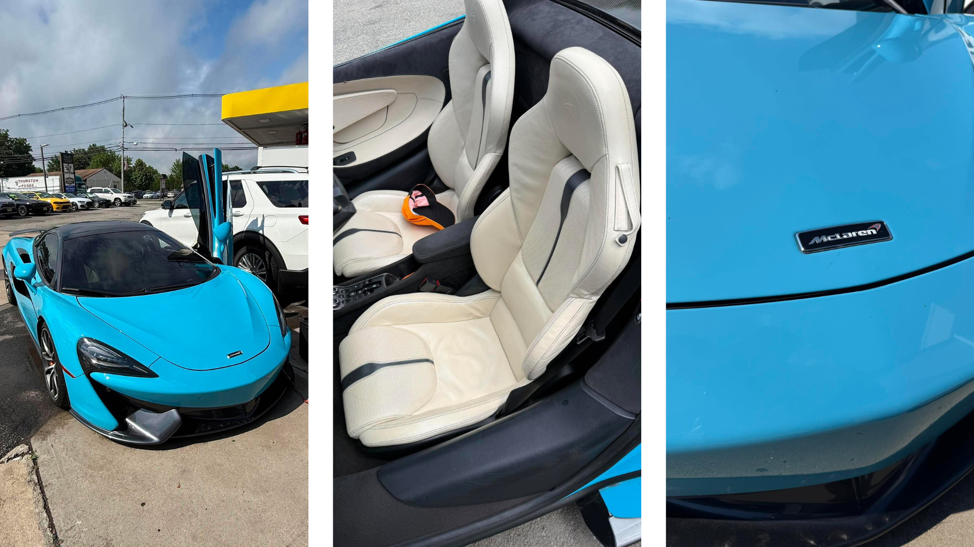 Blue McLaren before professional leather seat restoration at DS Global Leather Repair serving Boston, Massachusetts.