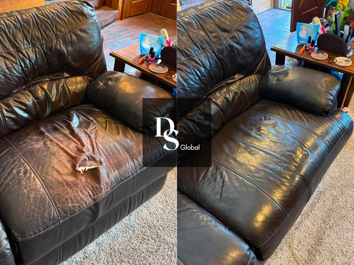 Photo showing a brown leather couch before and after cleaning, with a cushion on one side, and a small wooden side table with nail polish bottles, a compact mirror, and stationery in the background.