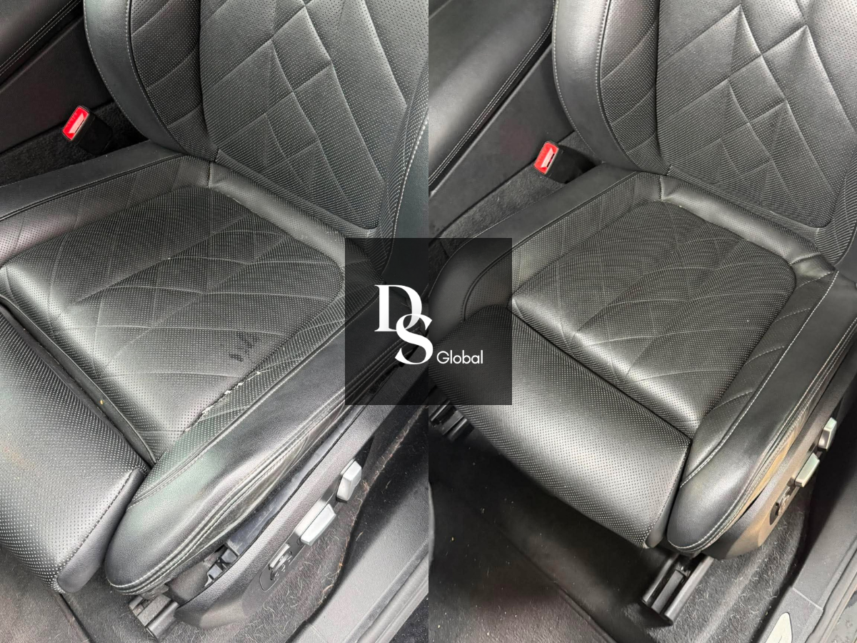 Comparison of two car seats, showing differences in the leather upholstery and condition.