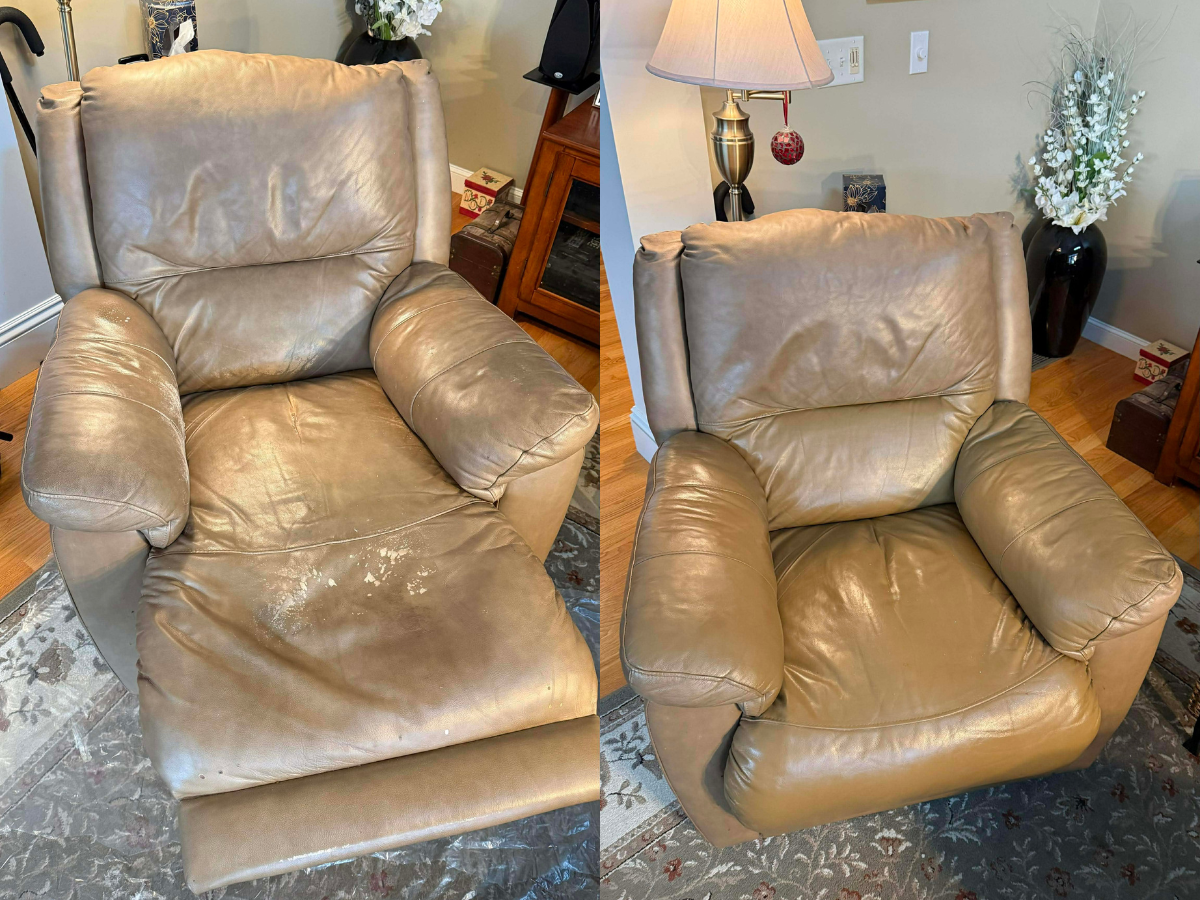 Comparison of a leather armchair before and after cleaning, showing the chair's surface improved and free of stains.