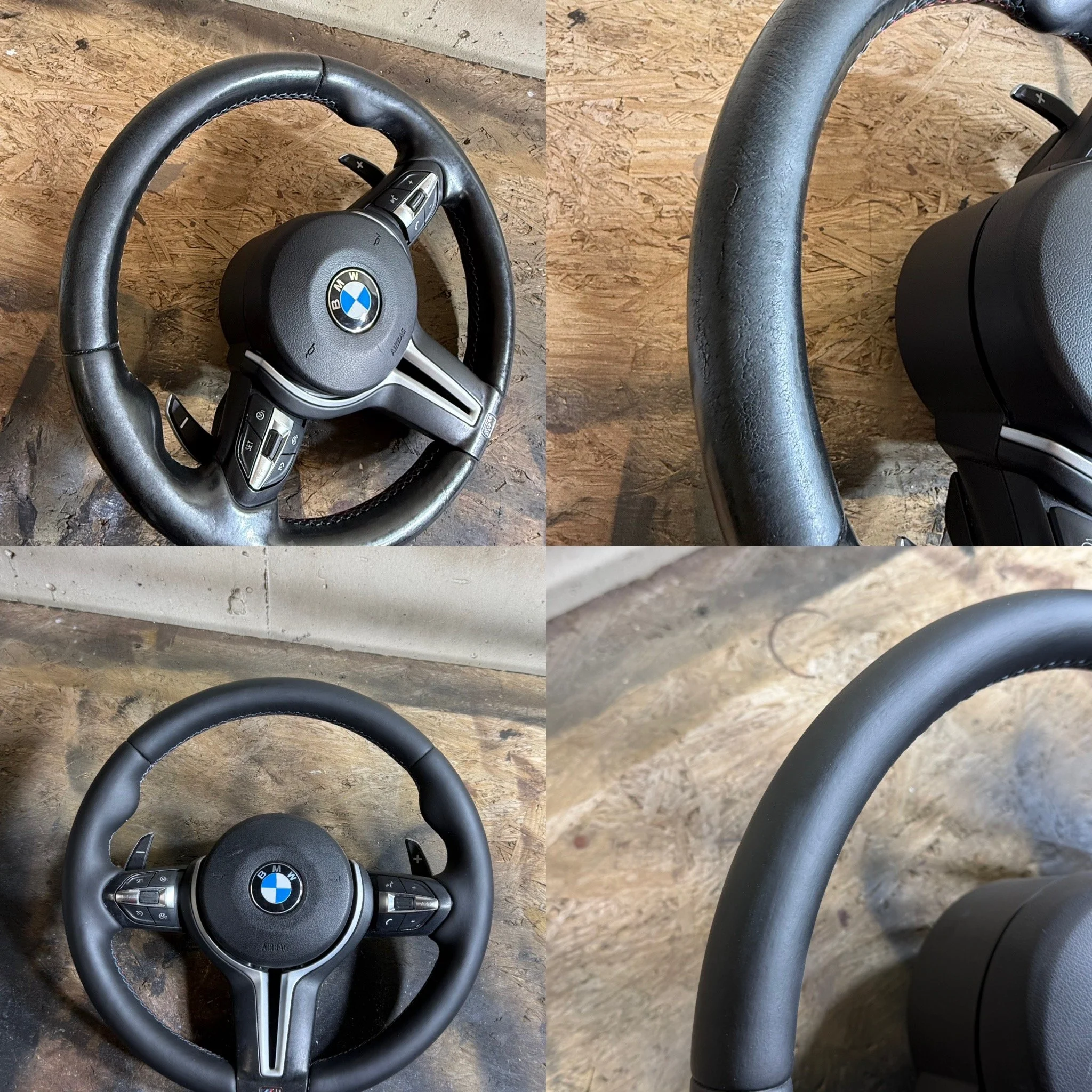 Compilation of four images showing car steering wheels. The top left image shows a BMW steering wheel with multiple control buttons. The top right image shows a close-up of a black steering wheel rim. The bottom left image displays a BMW steering whe