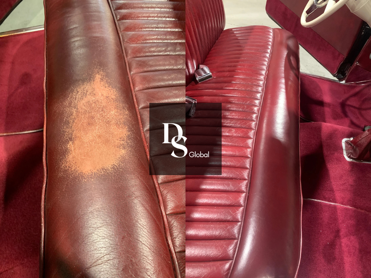 Comparison of car seat upholstery: the left side shows a worn, stained red leather seat, while the right side shows a clean, restored red leather seat.