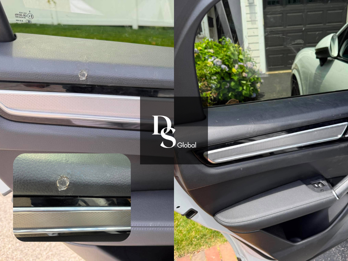Comparison of car interior door panel damage showing a hole on the left side, and a repaired or intact door panel on the right side, with the window showing a suburban driveway and garage.
