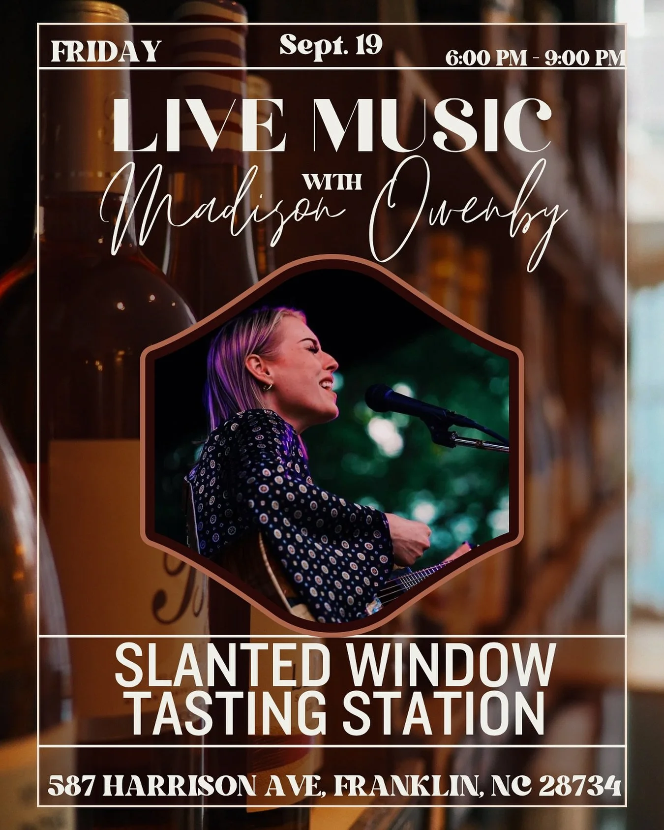 Hey friends 💛 it&rsquo;s Madison!
This weekend is packed with music, and I couldn&rsquo;t be more grateful.

✨ Tonight I&rsquo;ll be at Slanted Window Tasting Station in Franklin from 6&ndash;9 PM.

✨ Saturday I head to Sky Valley Country Club at 6 