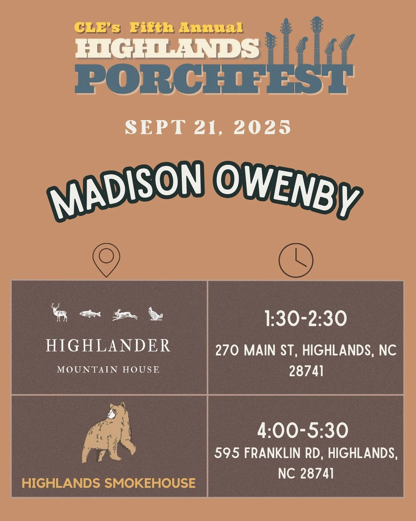 ✨ Highlands Porchfest 2025 ✨
I&rsquo;m so excited to be part of this incredible event for the third year in a row! On Sunday, September 21st, you&rsquo;ll have not one but two chances to catch me live:
🎶 Highlander Mountain House | 1:30&ndash;2:30pm