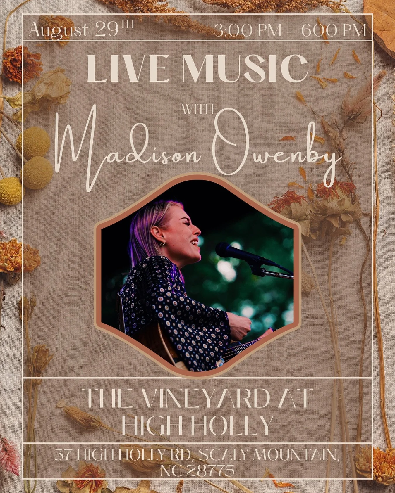 🍂 I don&rsquo;t know about you, but it feels like fall is in the air! Come soak in the last warm days with a glass of wine, a charcuterie board, and the beautiful views at The Vineyard at High Holly&rsquo;s Barrel &amp; Vine.

🎶 I&rsquo;ll be perfo