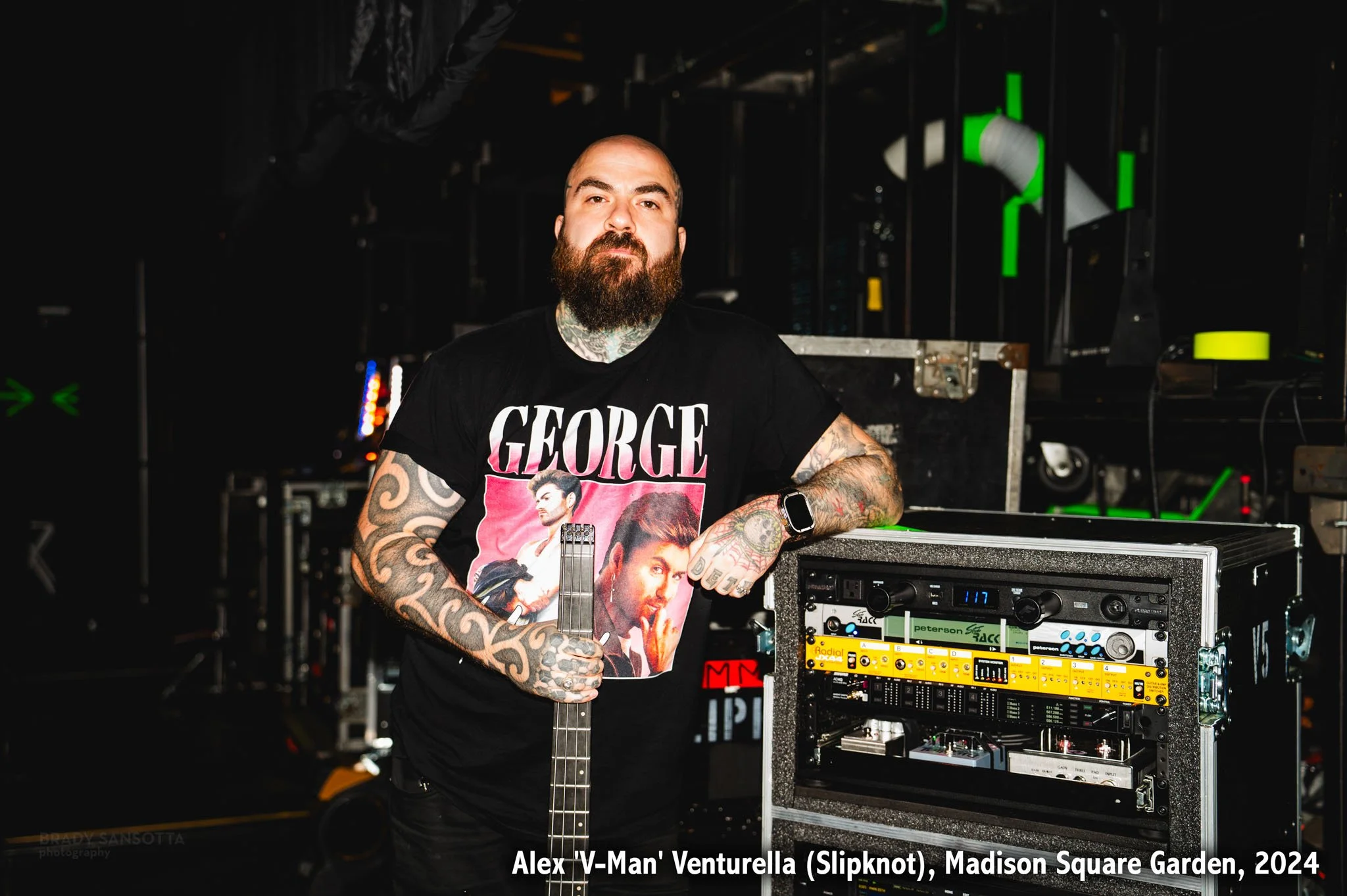VMan of Slipknot posing backstage at Madison Square Garden in NYC for a Bass Magazine interview feature.