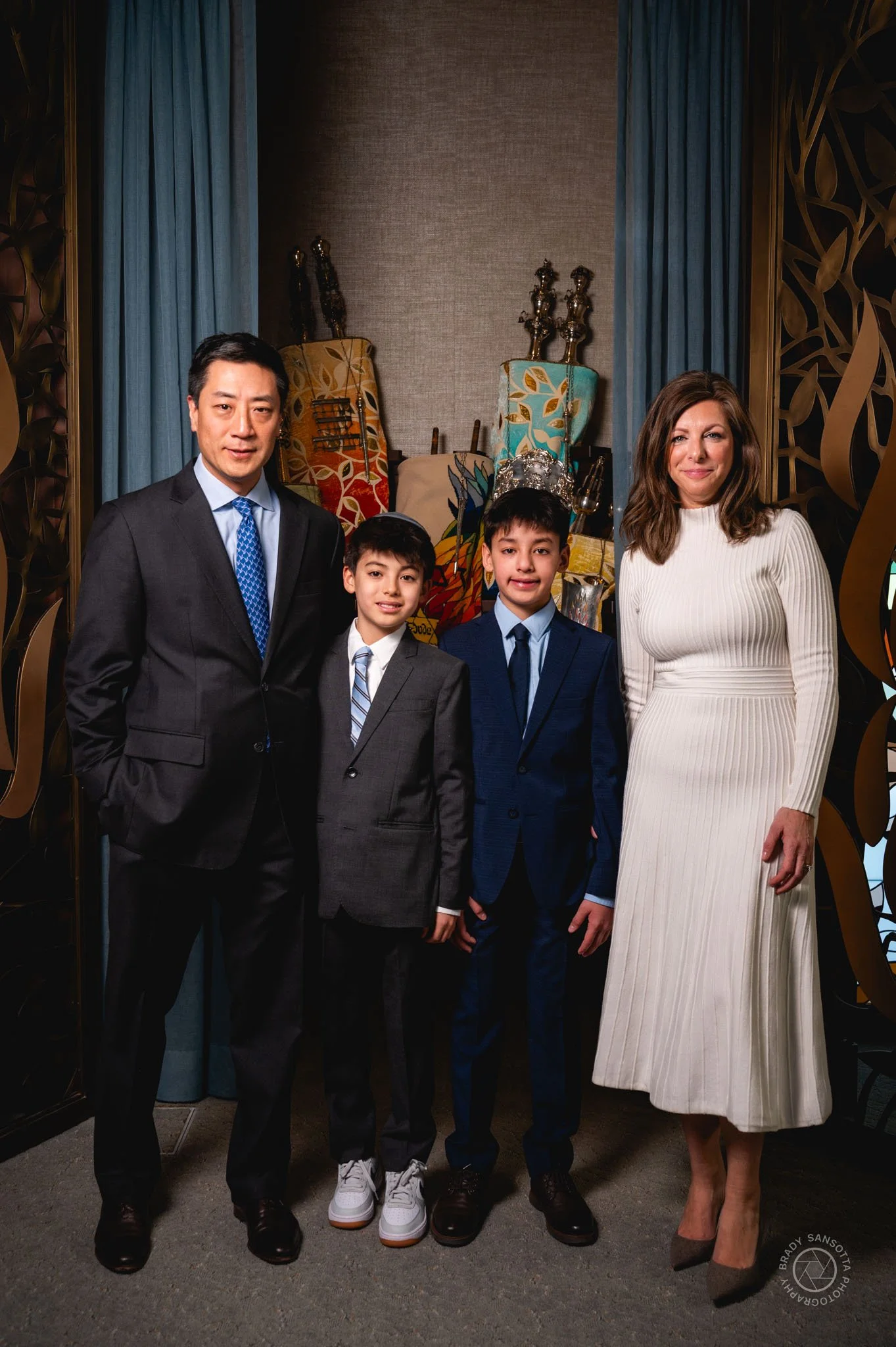 Family formal portrait at the Ark with off-camera lighting for temple photography in Tenafly.
