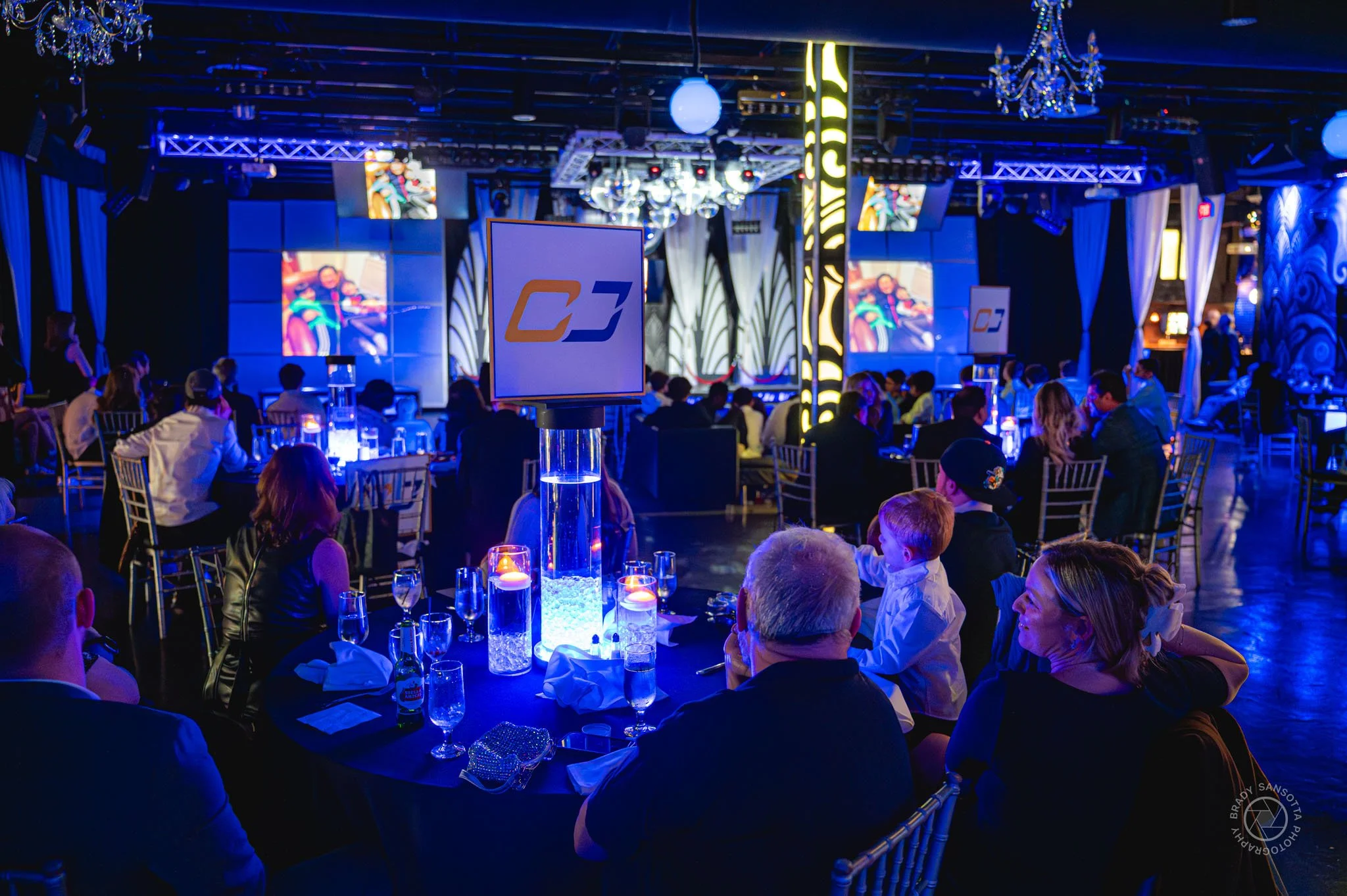 Wide shot of Powerhouse Studios Paramus. Nightclub style lighting for a Bar Mitzvah party in Bergen County.