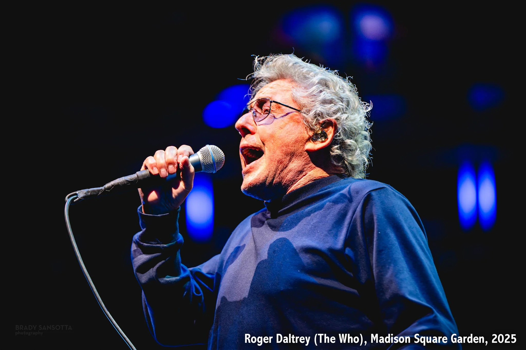 Close-up portrait of Roger Daltrey performing live at The Who farewell concert, Madison Square Garden NYC.