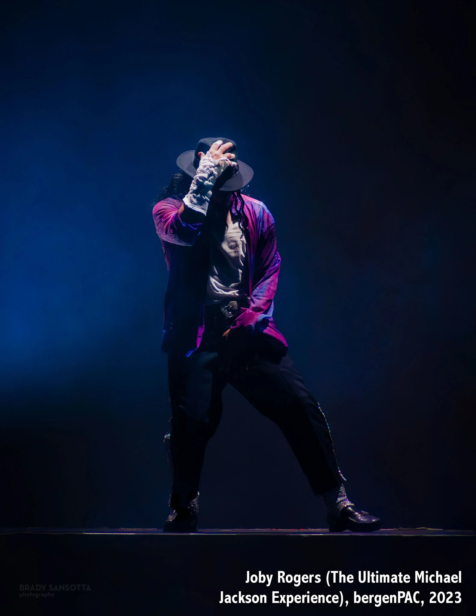 Dramatic portrait of Joby Rogers in a Michael Jackson tribute show mid-moonwalk at BergenPAC in Englewood, NJ.