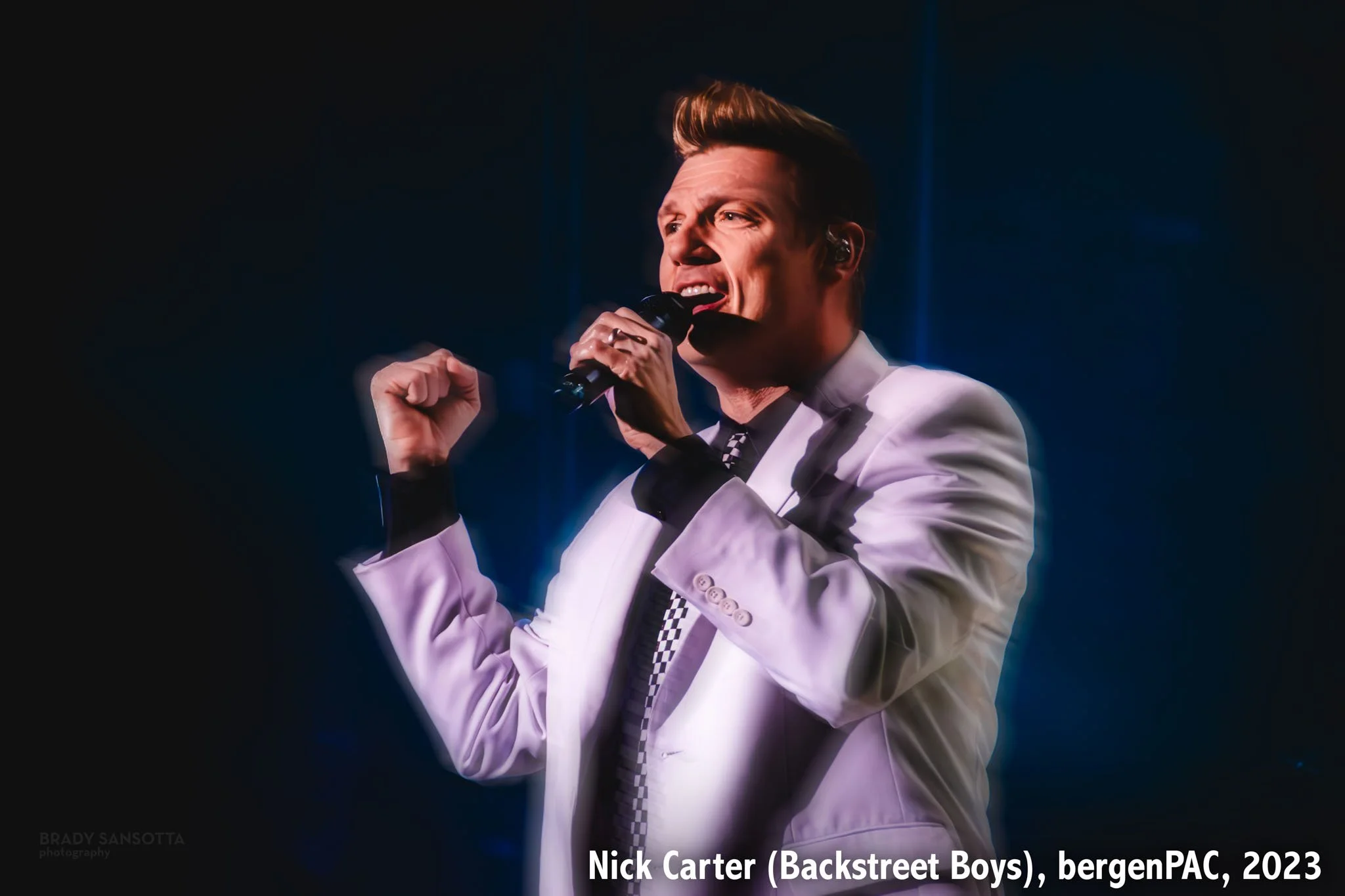 Nick Carter of Backstreet Boys singing during a solo concert at bergenPAC (Bergen Performing Arts Center) in Englewood, NJ.