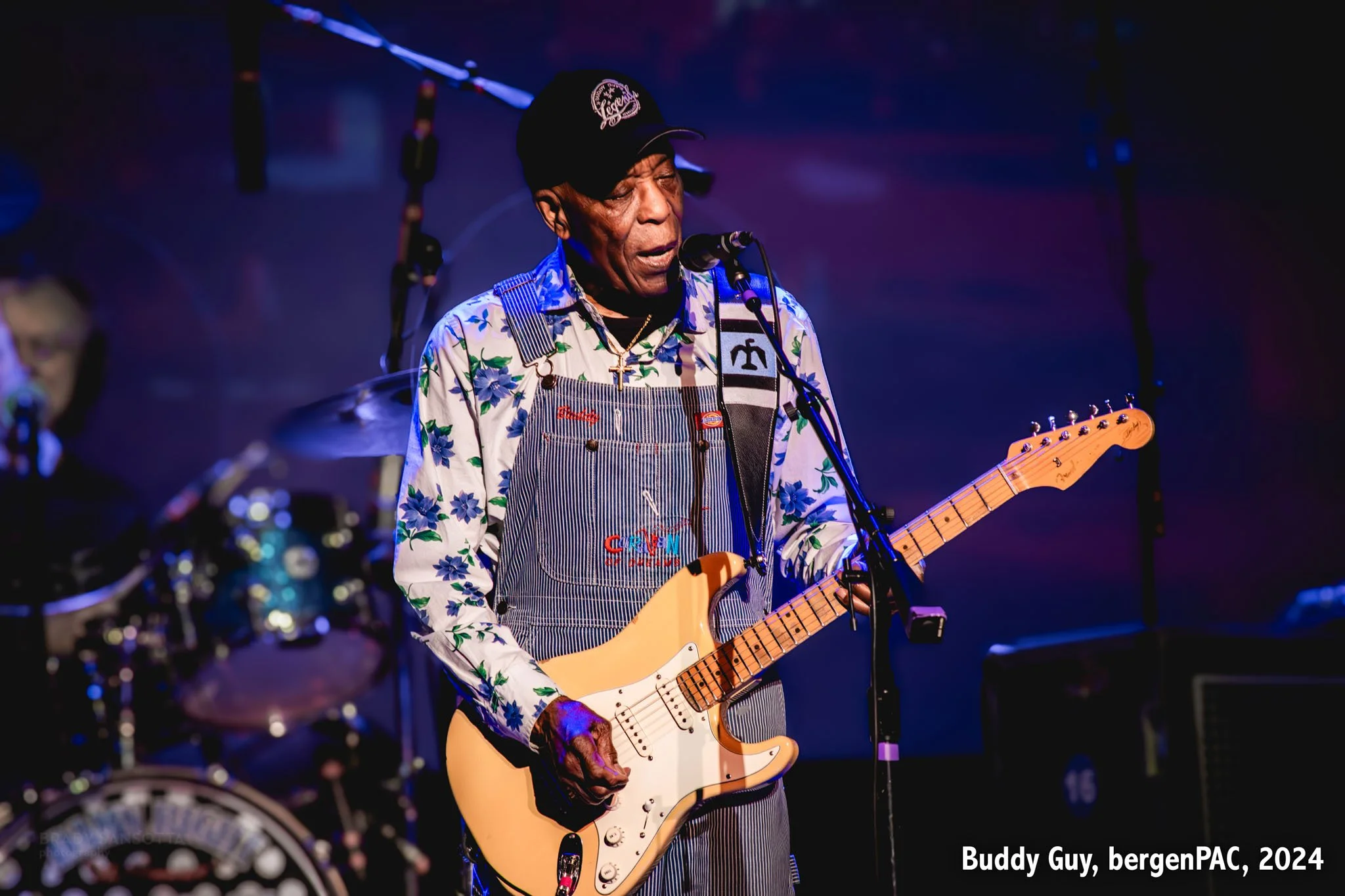 Portrait of blues guitarist Buddy Guy performing live on stage at BergenPAC in Englewood, NJ.