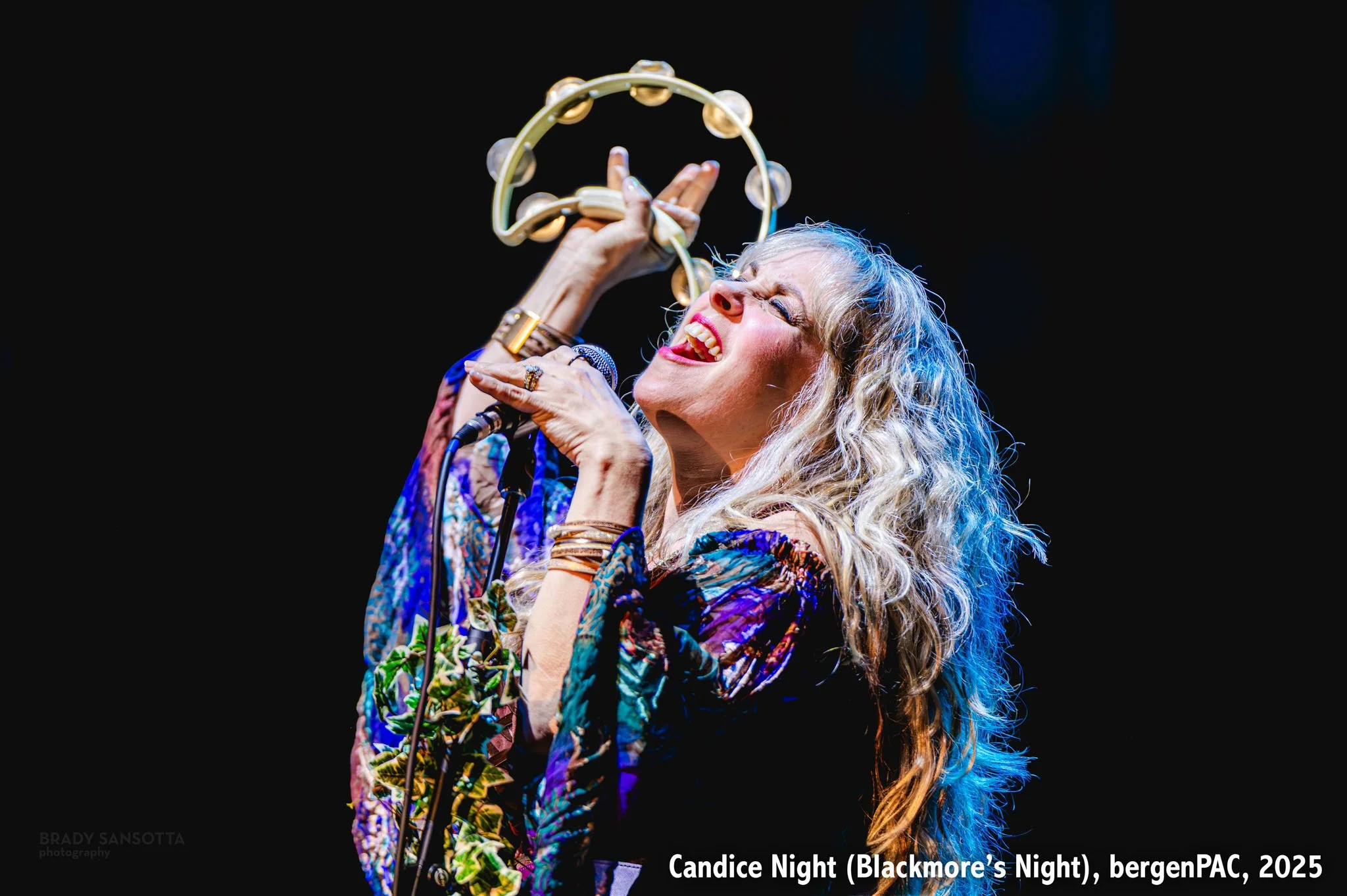 Candice Night of Blackmore’s Night singing and playing tambourine during medieval folk rock concert at BergenPAC in Englewood, NJ.
