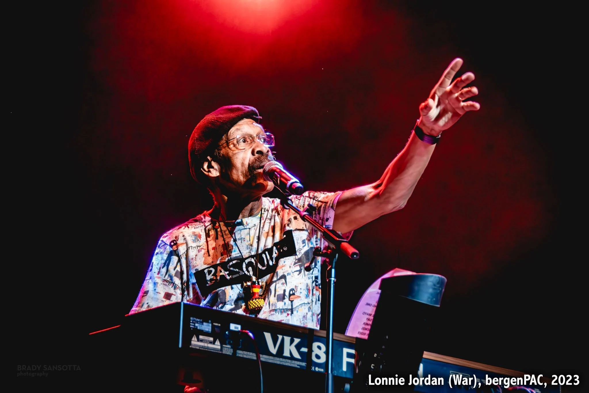 Lonnie Jordan of funk band War singing and playing keyboard during a concert at BergenPAC in Englewood, NJ.