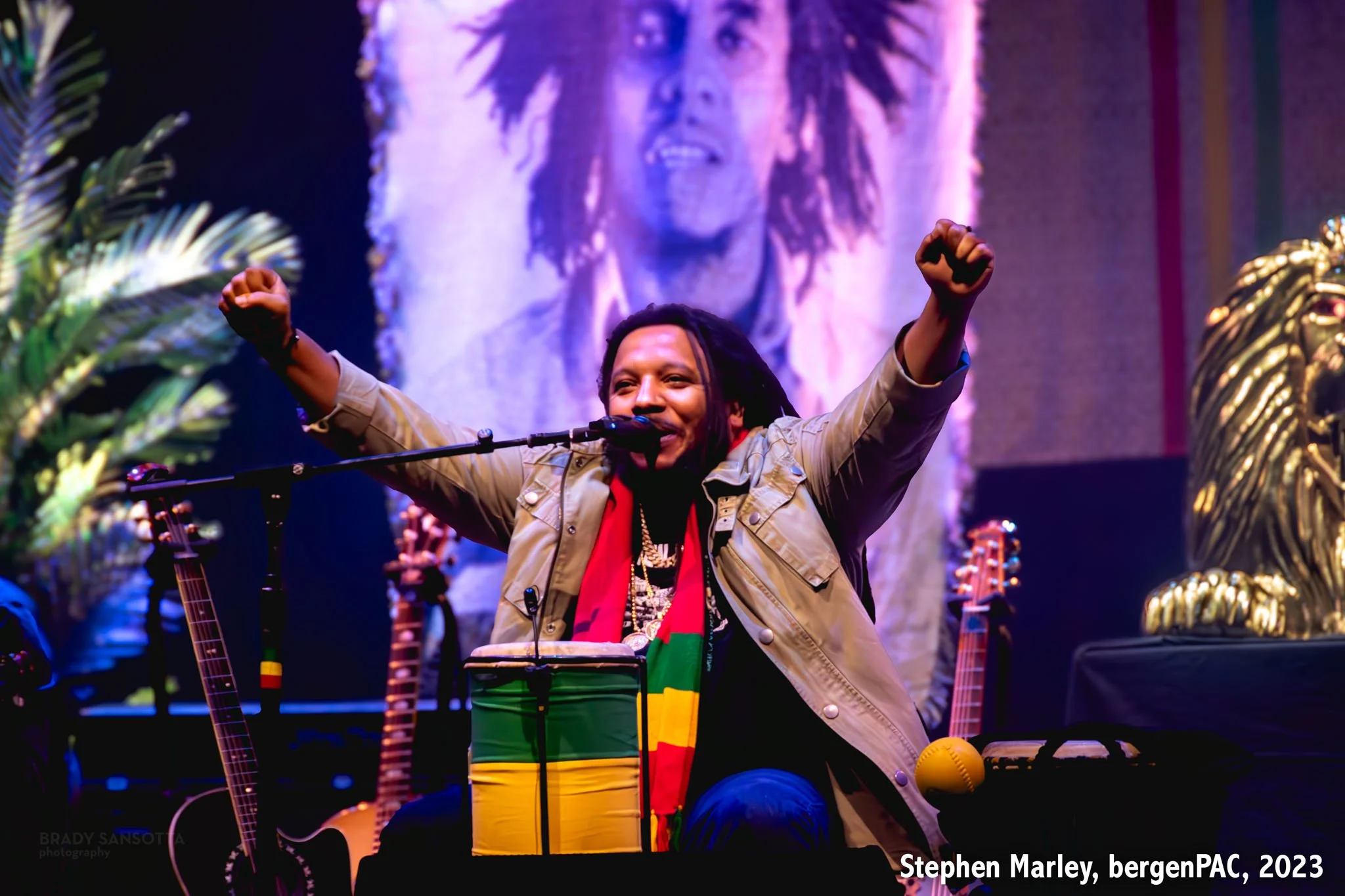 Reggae artist Stephen Marley playing guitar and singing music of Bob Marley at BergenPAC in Englewood, NJ.