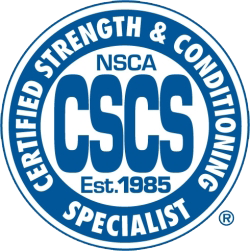 NSCA Certified Strength and Conditioning Specialist emblem with blue and white design.
