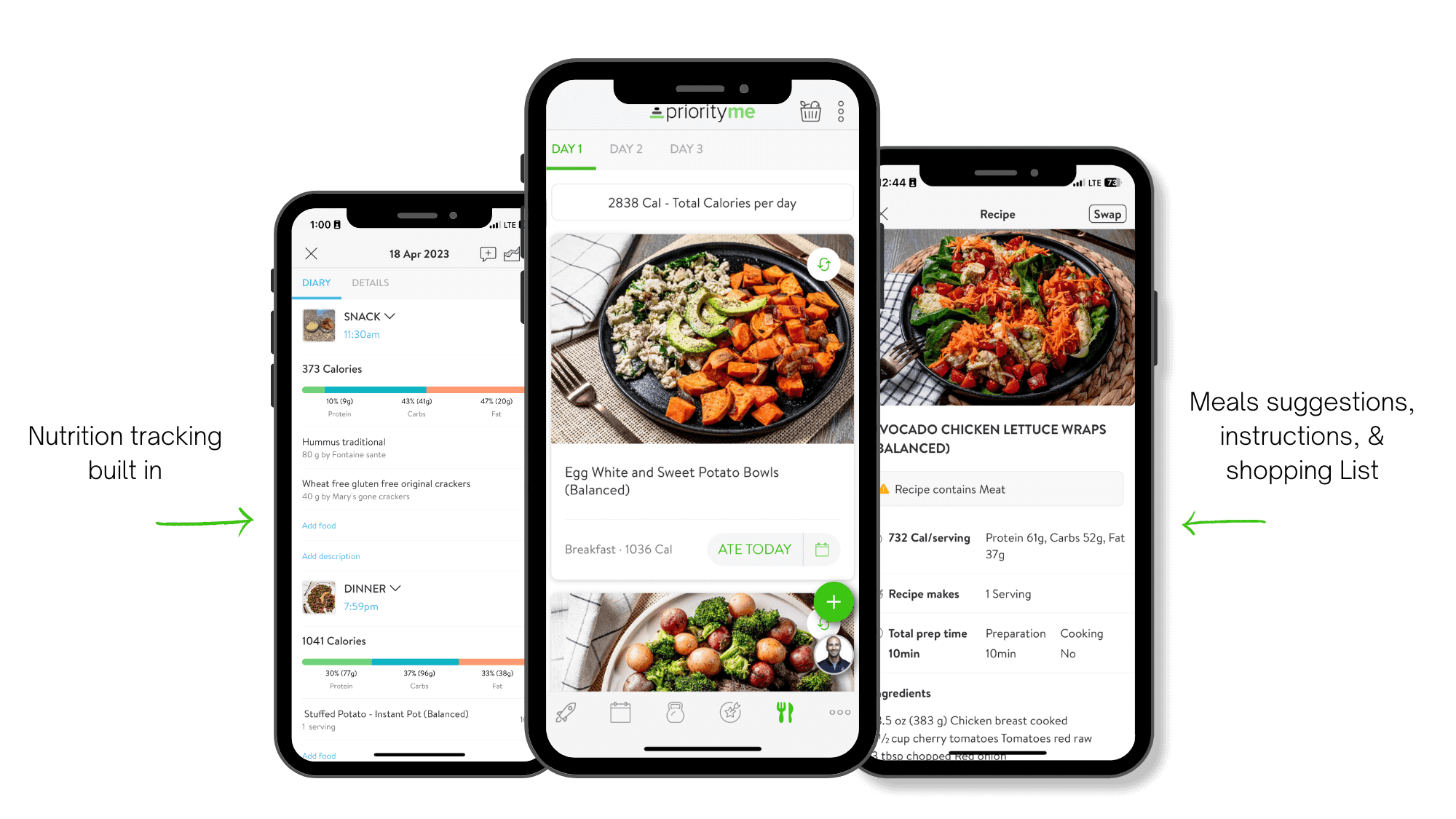 Three smartphones displaying different meal planning and tracking apps. The left phone shows a daily calorie tracker with meals and nutrition details. The middle phone features a meal photography app showing a plate of egg white and sweet potato bowls, with a green button labeled 'ATE TODAY.' The right phone displays a recipe app with a bowl of avocado chicken lettuce wraps, with nutritional information and ingredients.