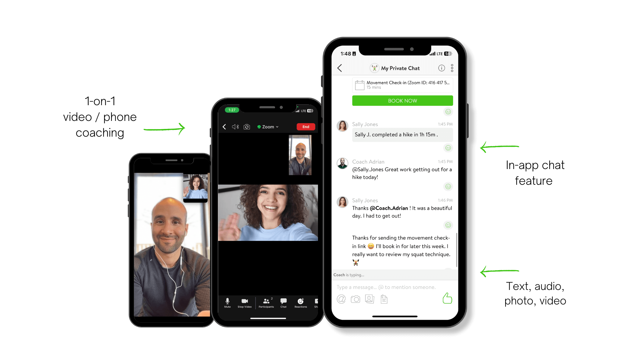 Three smartphones displaying different screens of a video call and chat app with smiling people and text messages.