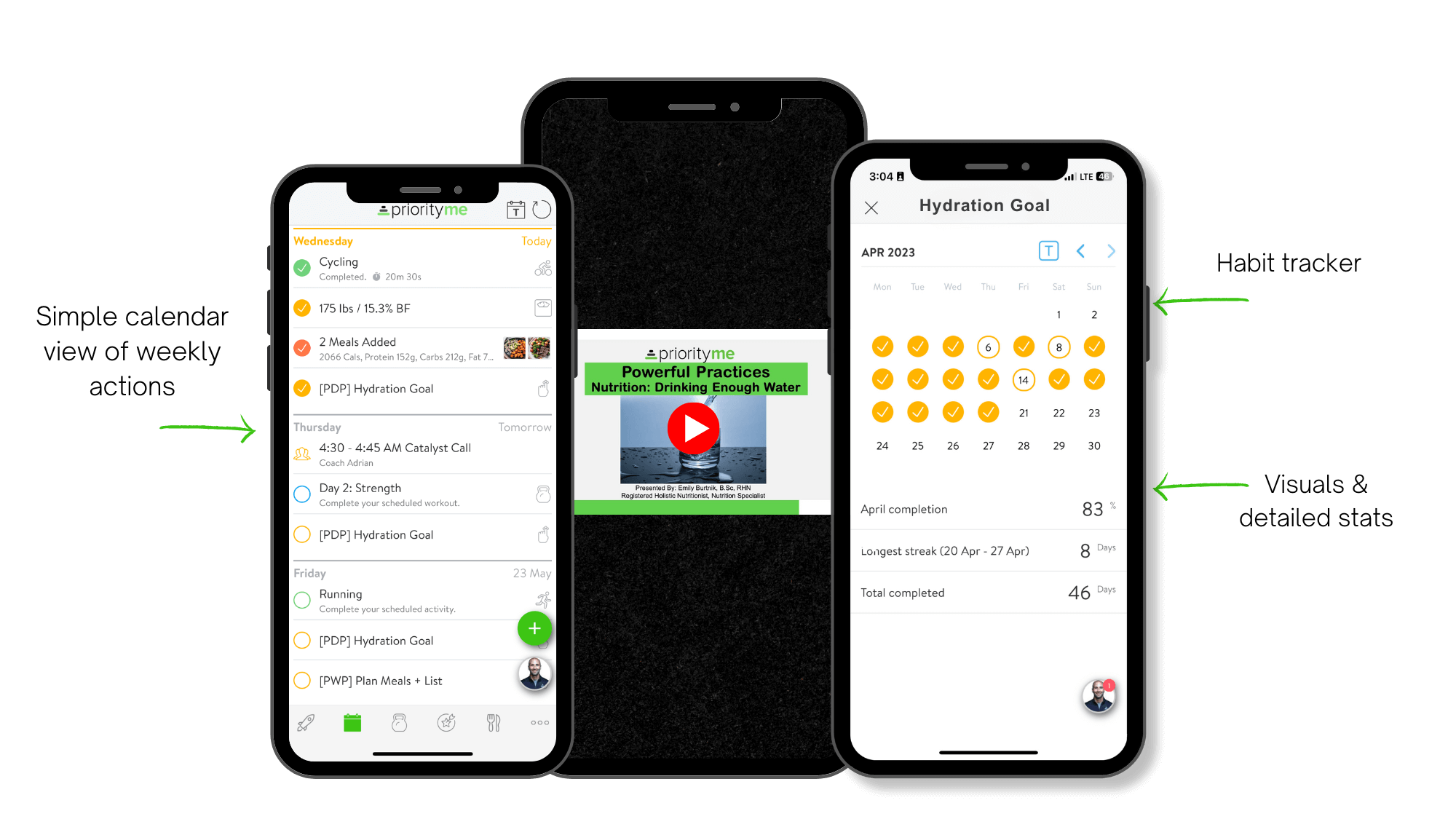 Three smartphone screens displaying a health and wellness app interface for tracking workouts, hydration, and goals, with various sections and icons.
