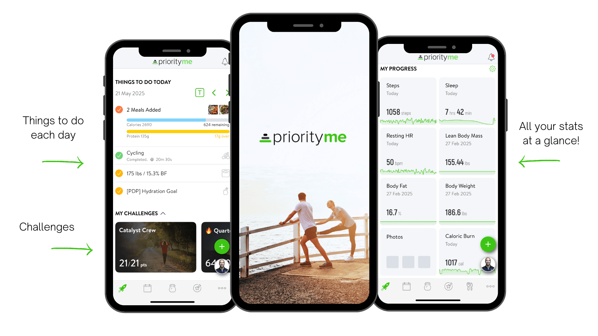 Three smartphones displaying the Priority Me health and fitness app interface. The left phone shows today’s tasks, such as meals, cycling, and hydration. The middle phone displays the Priority Me logo with a background of two people exercising by the water. The right phone shows daily health metrics including steps, sleep, resting heart rate, body fat, weight, photos, and calories burned.