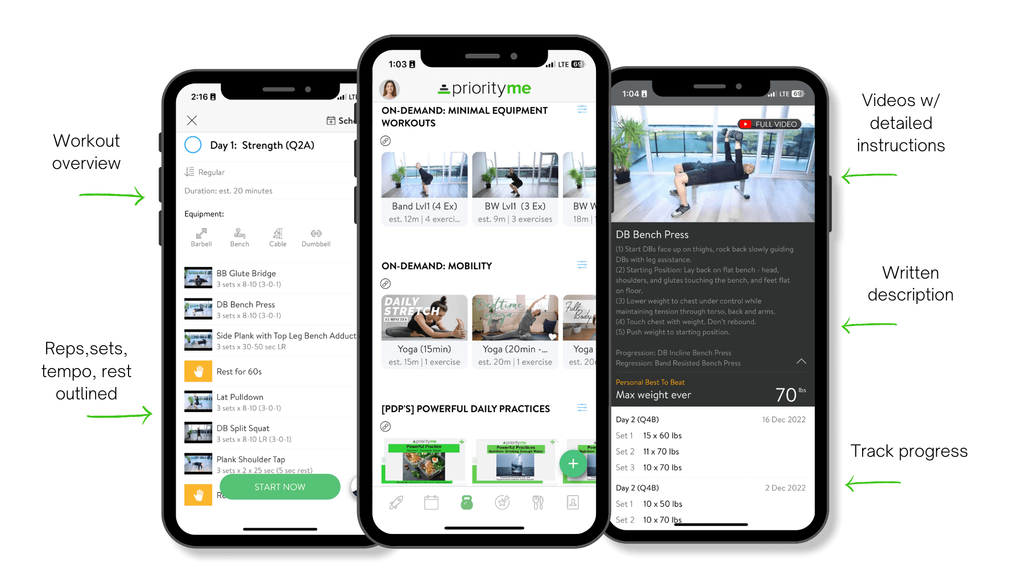 Three smartphones displaying fitness app screens showing workout plans, exercises, and instructions for strength training and mobility routines.