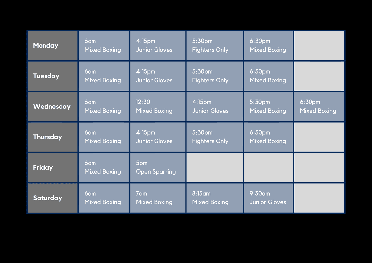 Timetable | Book Your Boxing Class Today — Four Corners Boxing