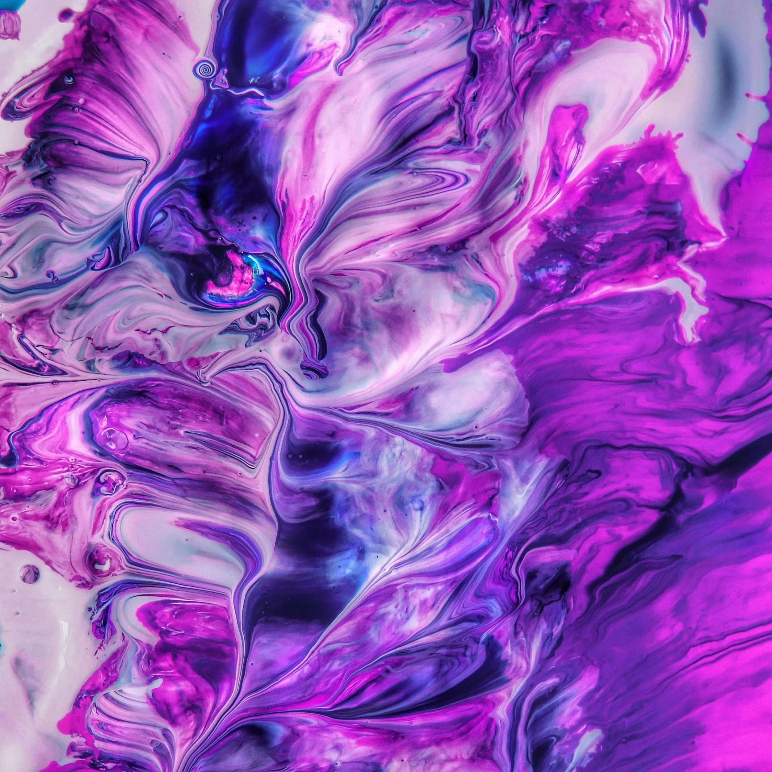Abstract fluid art painting in shades of purple, pink, black, and white with swirling patterns and marbled textures.