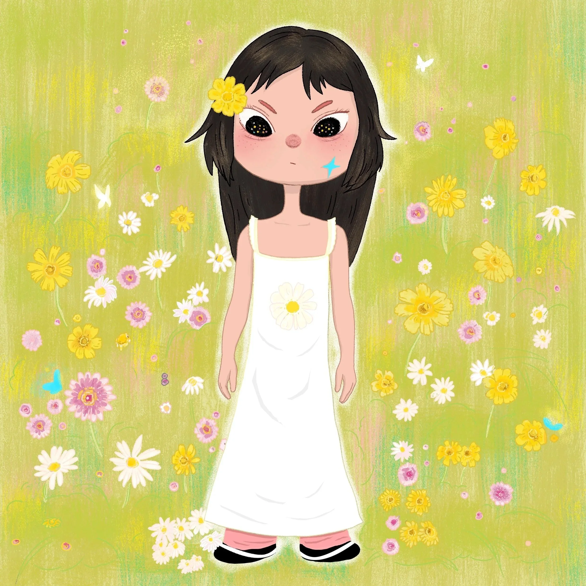 Cartoon girl with dark hair, a yellow flower in her hair, standing amidst colorful flowers and butterflies, wearing a white dress with a daisy on it.