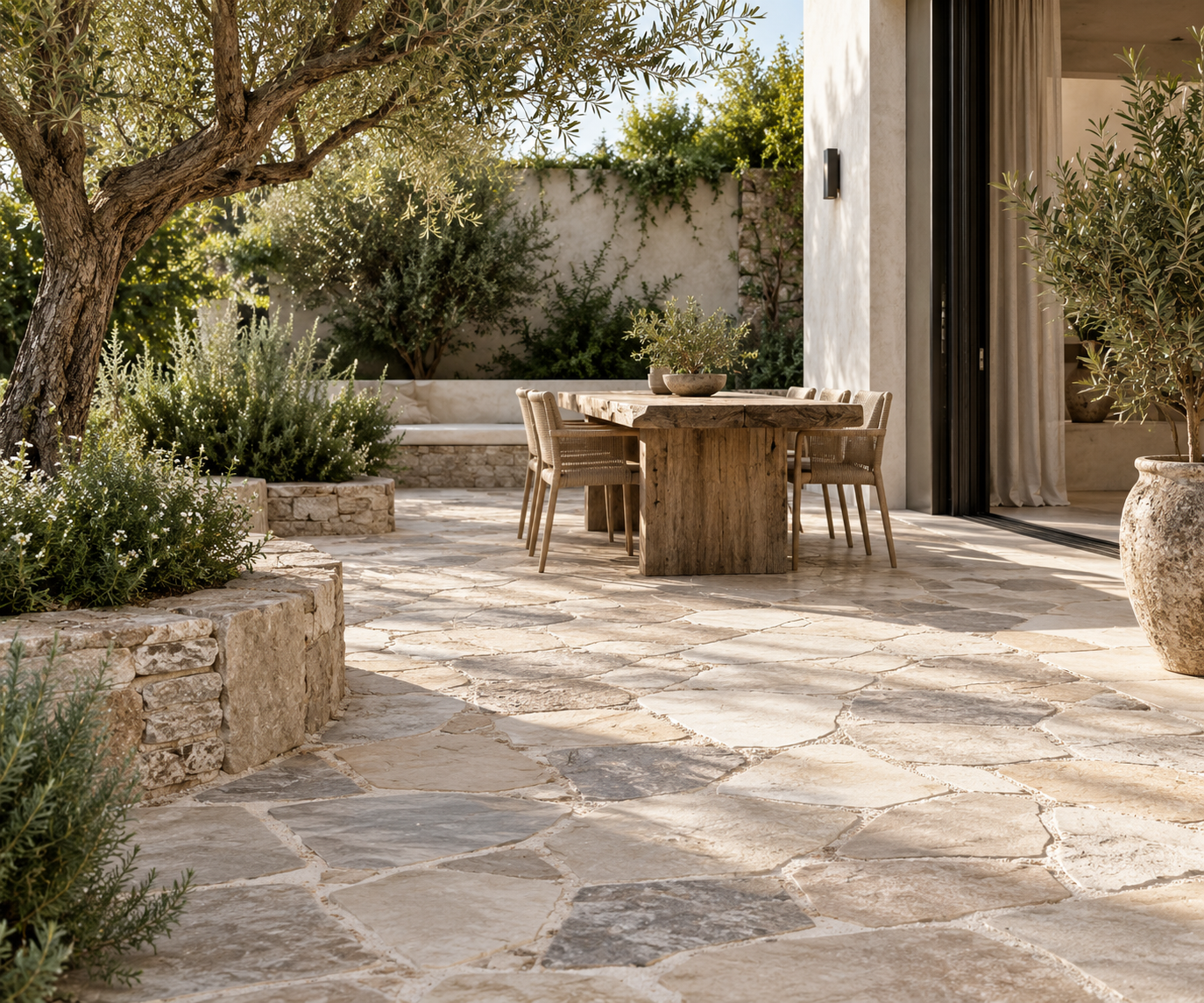 modern backyard with crazy paving