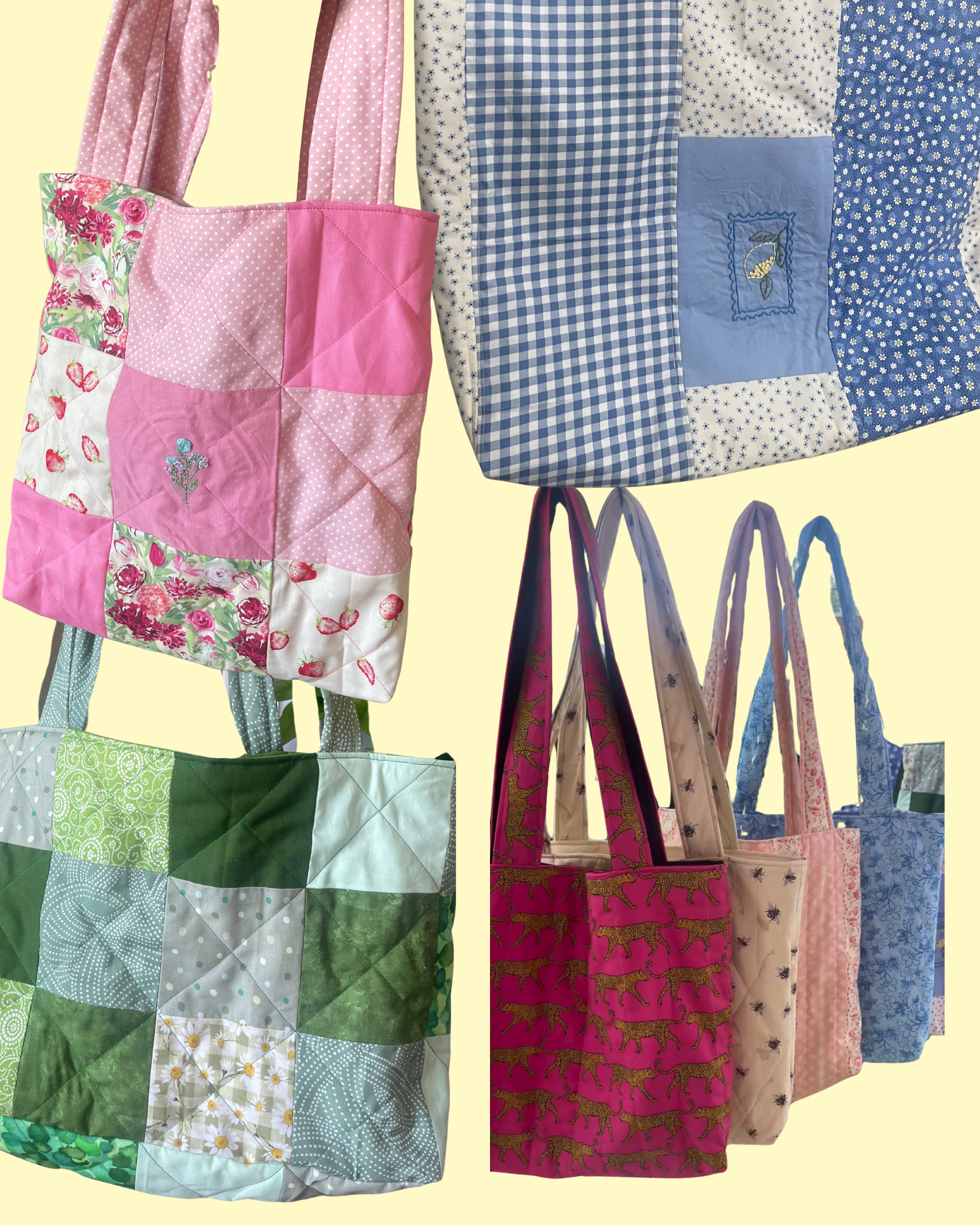 Assorted quilted tote bags in various colors and patterns