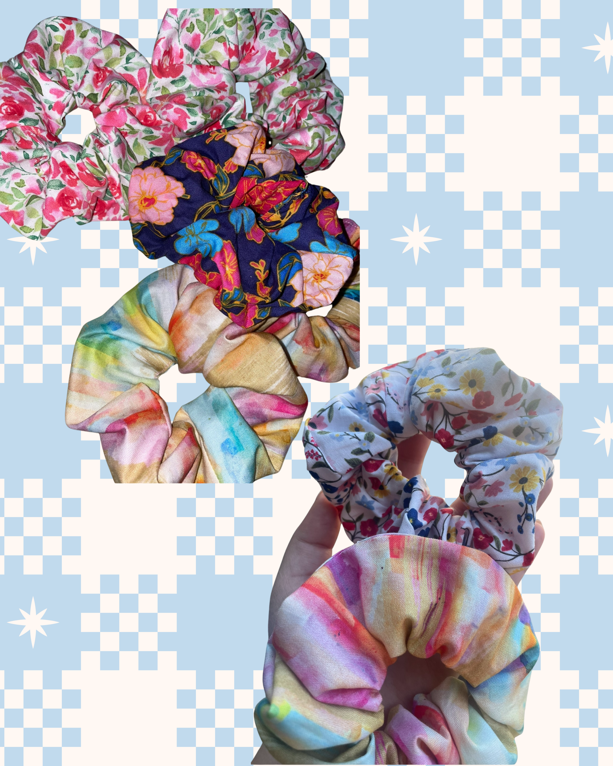 Colorful handmade scrunchies arranged on a blue checkered background