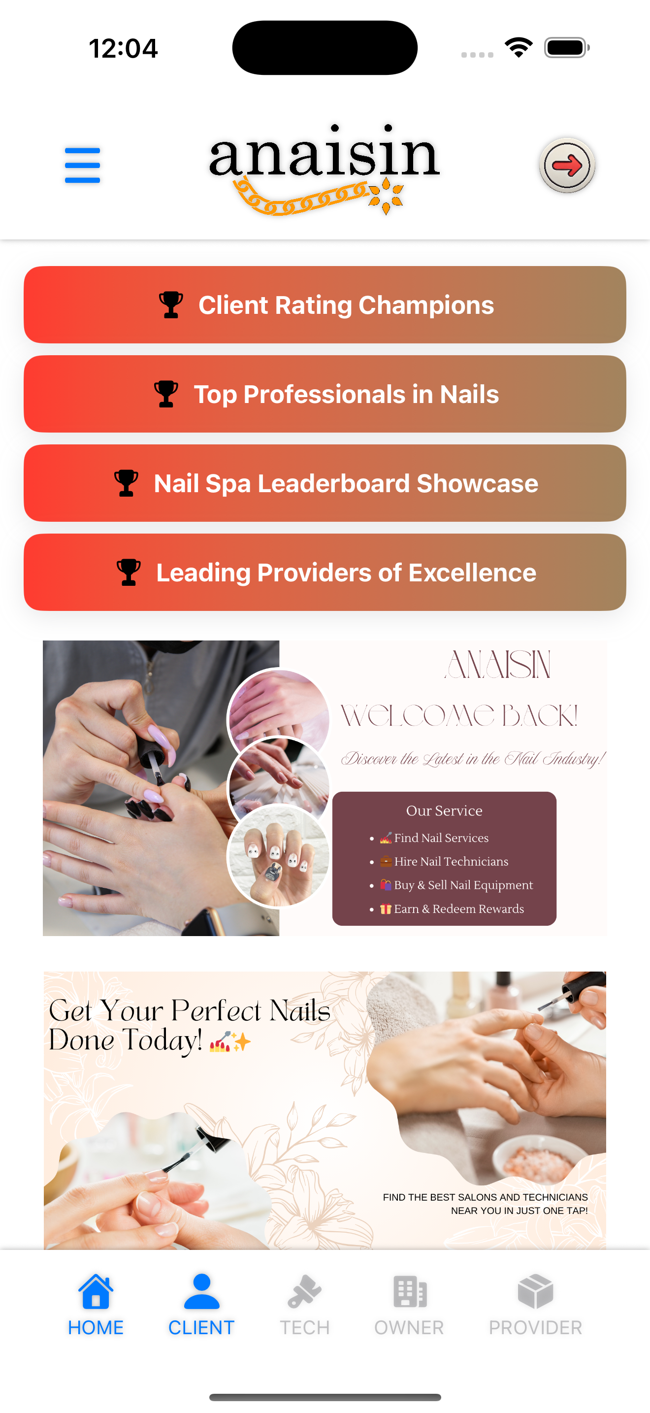 Mobile webpage for Anaisin salon, featuring service offerings, client reviews, and nail care images.