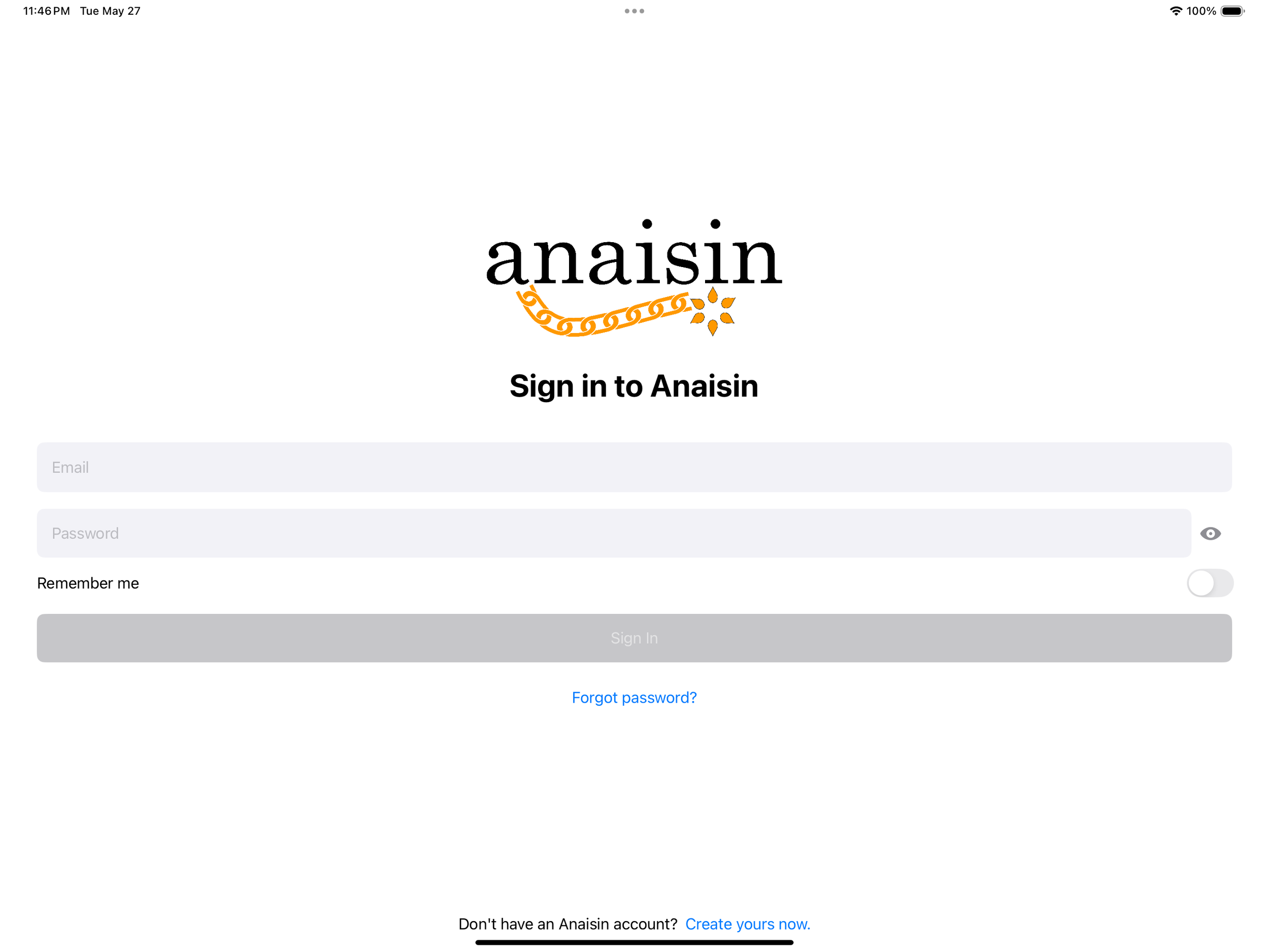 Anaisin login page with logo, email and password fields, and sign-in button.