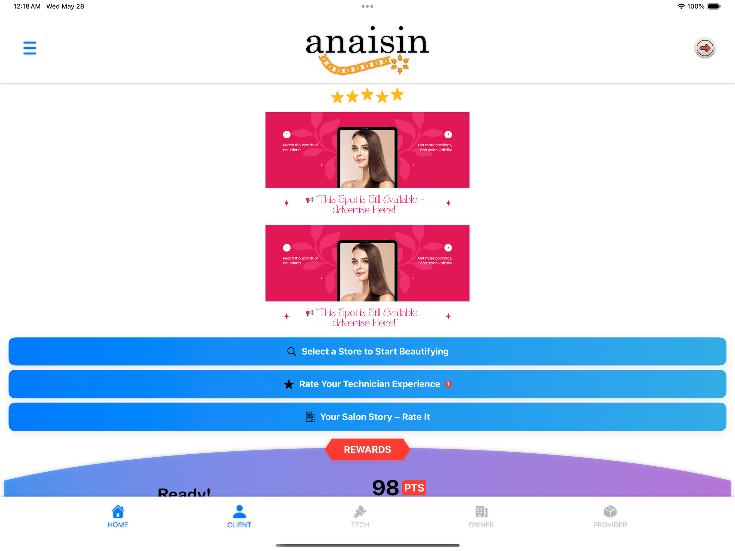 Mobile app screen showing salon marketing and customer feedback options with a pink background of a woman with long hair, and blue buttons for store selection, rating experience, and storytelling.