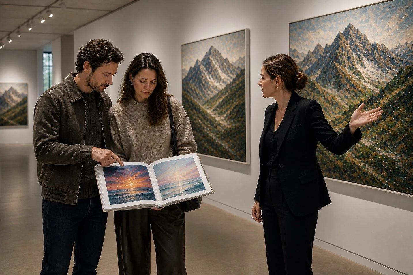 A couple examines an art book in a gallery, while a woman in a suit discusses paintings of mountains. The room is serene and well-lit.