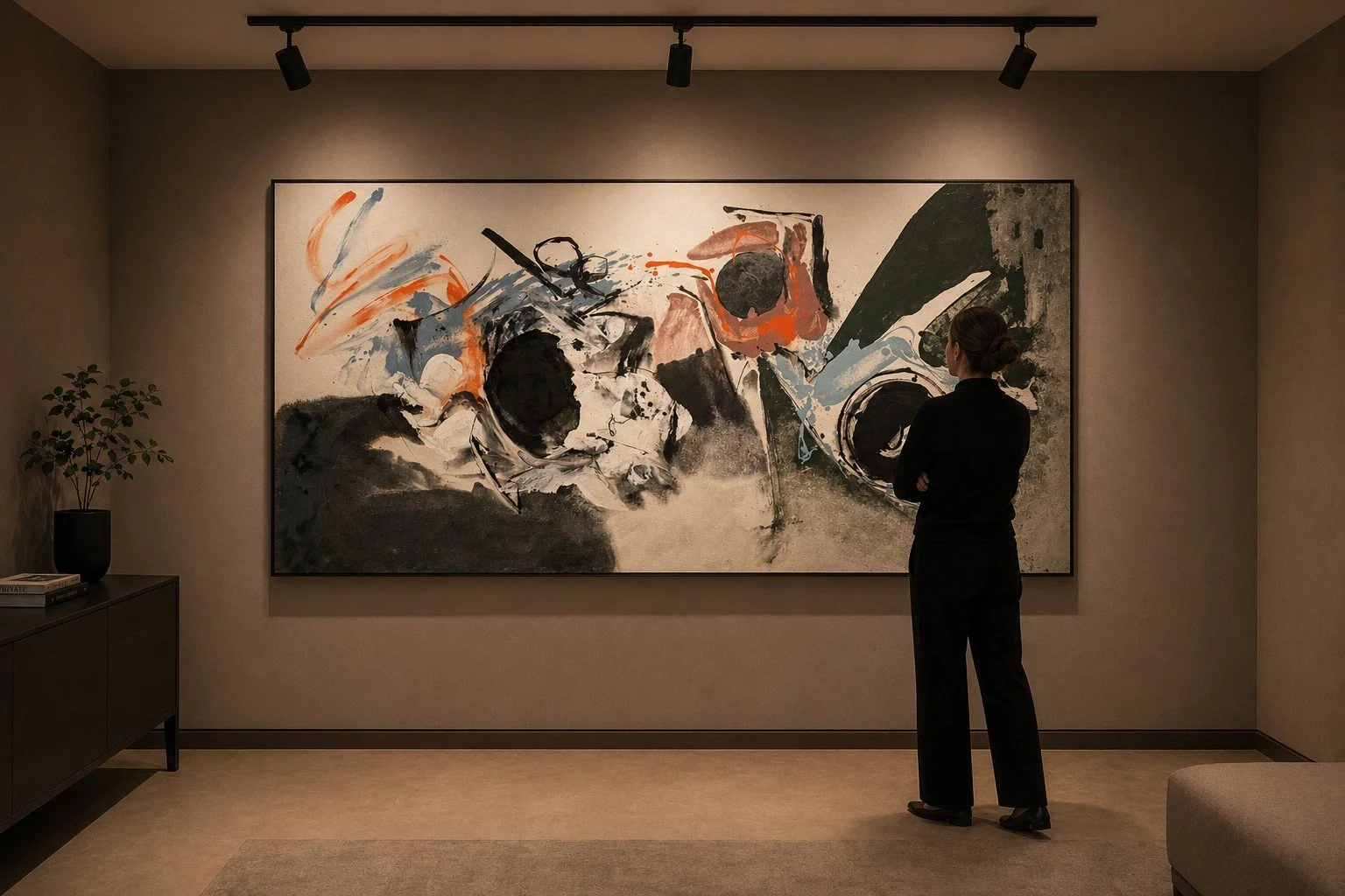 A person stands in a dimly lit room, admiring a large abstract painting with bold black, orange, and blue brushstrokes, conveying a contemplative mood.