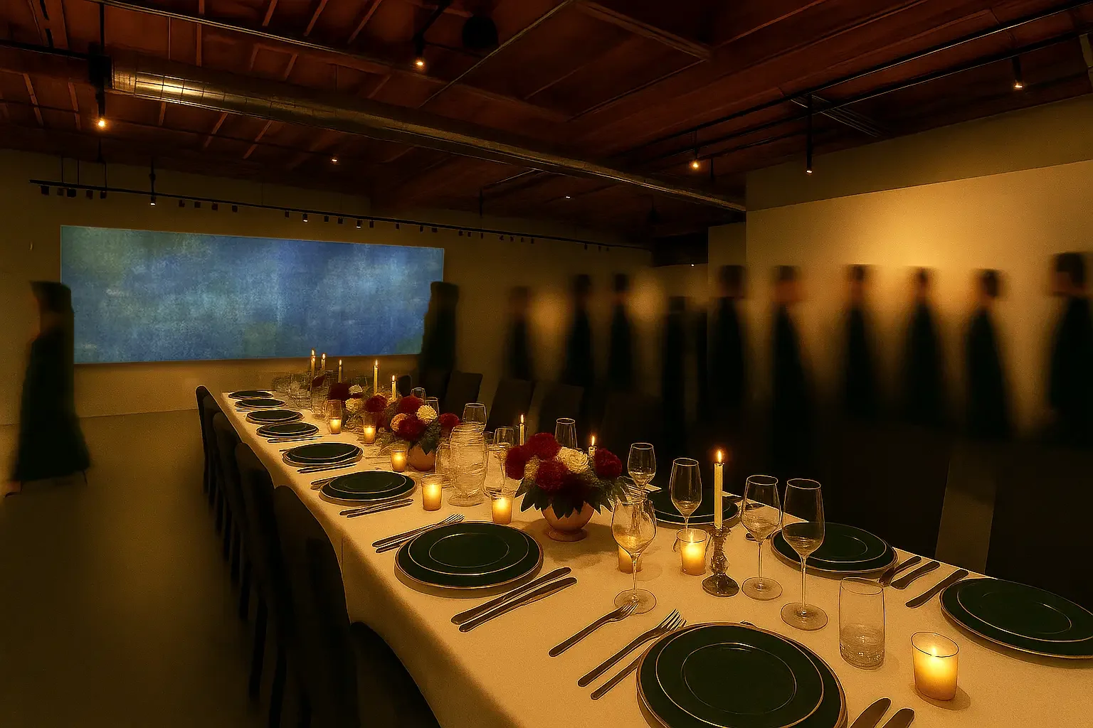 Elegant dining scene with a long, candlelit table set with plates, glasses, and flowers. Blurred figures stand nearby in a dim, warm-toned room.